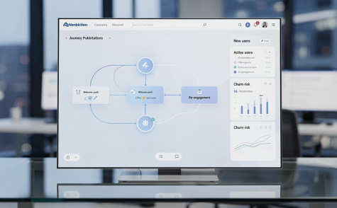 Customer journey orchestration dashboard on a monitor