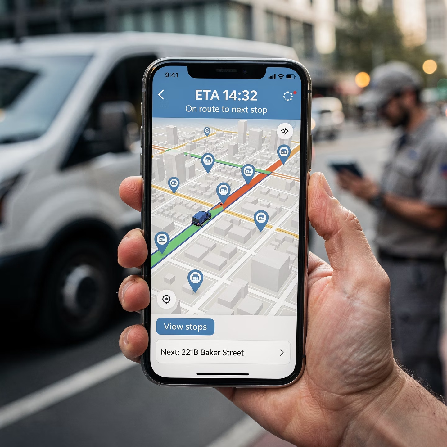 Hand holding a phone displaying turn-by-turn delivery navigation with ETA